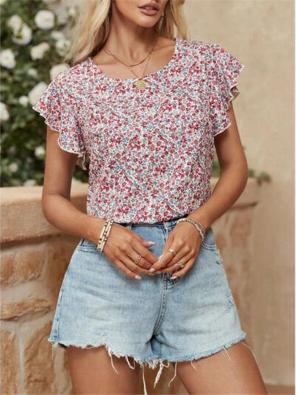 Floral Print Ruffle Sleeve Blouse